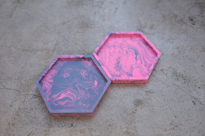 Neon Pink and Blue Marble Hexagon Coaster set