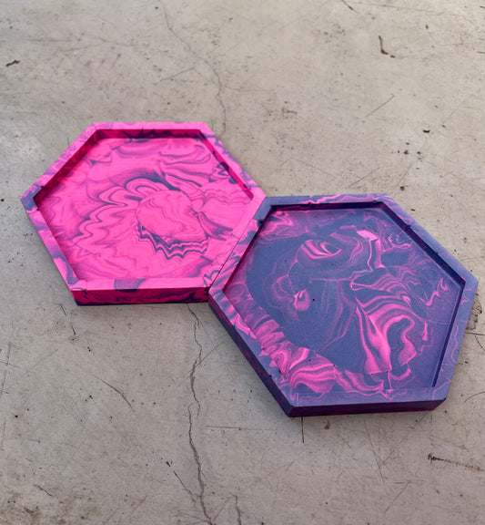 Neon Pink and Blue Marble Hexagon Coaster set