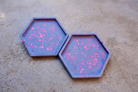 Neon Pink and Blue Terrazzo Hexagon Coaster set